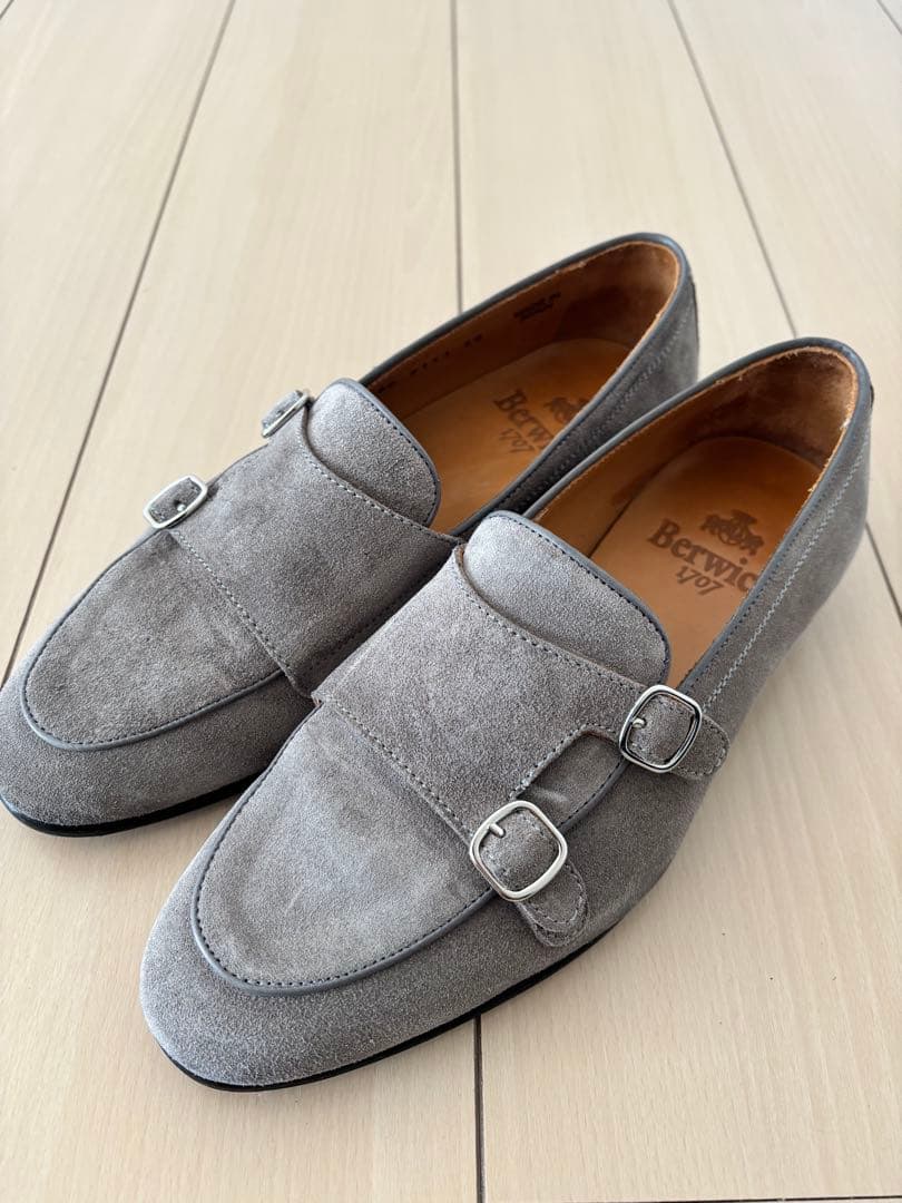 【未使用級】Berwick グレー スエード ダブルモンク ローファー 39