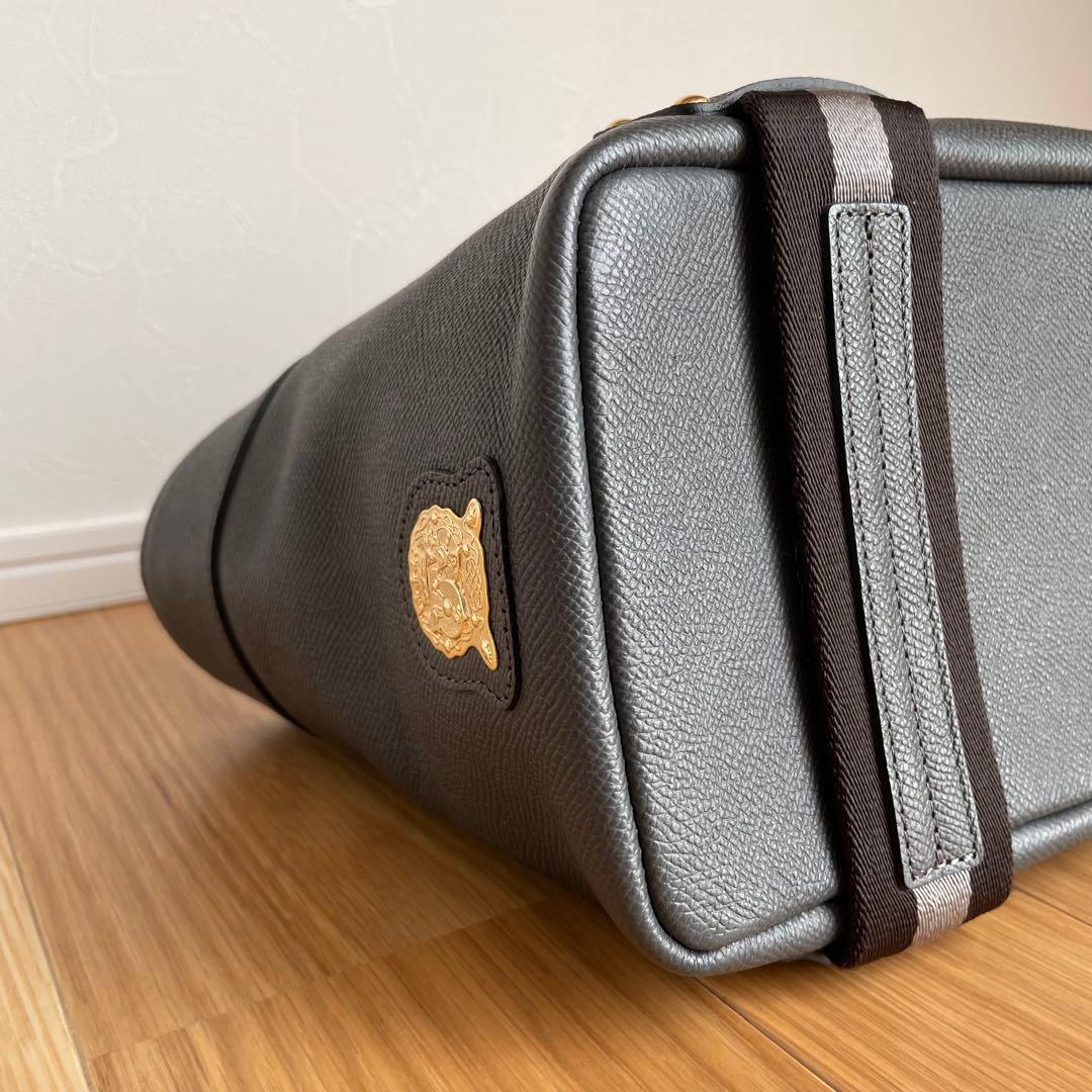 美品ADMJ ハンドバッグ レザー キャンバス　グレー　ストライプ