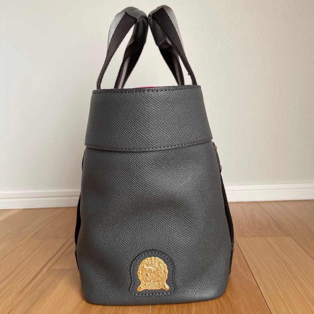 美品ADMJ ハンドバッグ レザー キャンバス　グレー　ストライプ