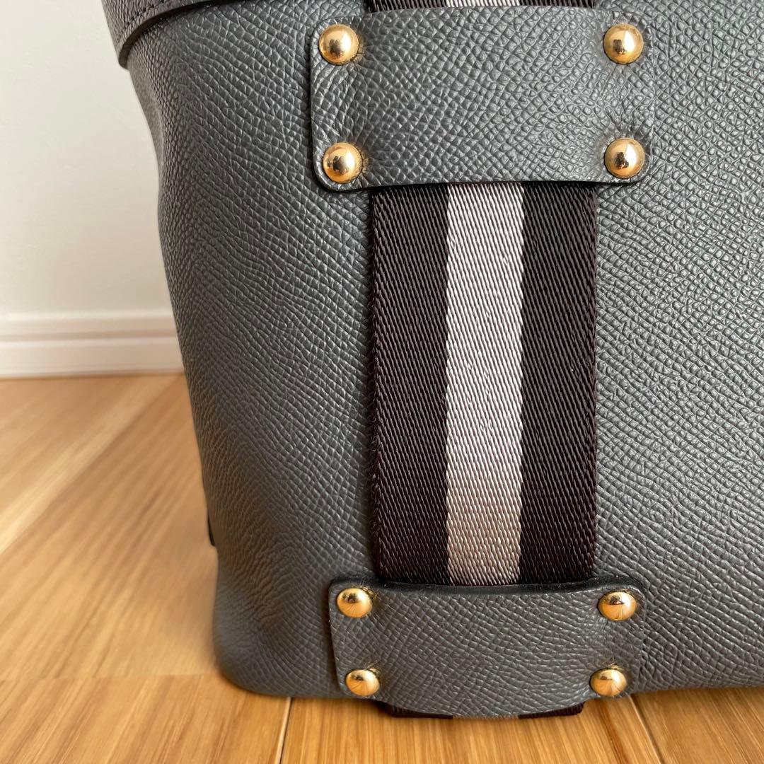 美品ADMJ ハンドバッグ レザー キャンバス　グレー　ストライプ