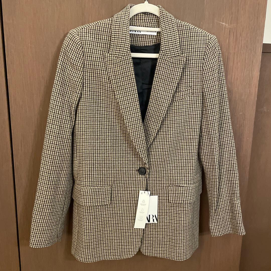 新品タグ付きZARA ウール ブレンド ブレザー エルボーパッチ 千鳥格子