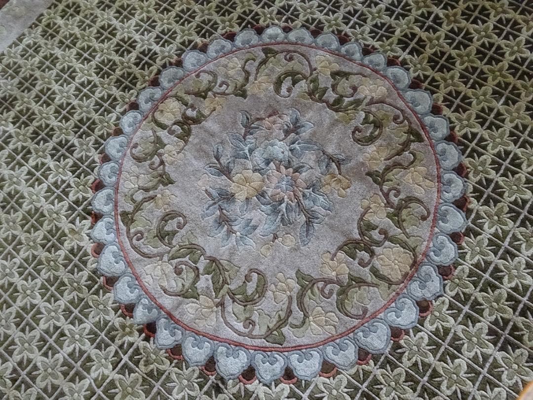 オリーブ　中国段通　シルク　120段　大判　306×246　高級絨毯　ラグ