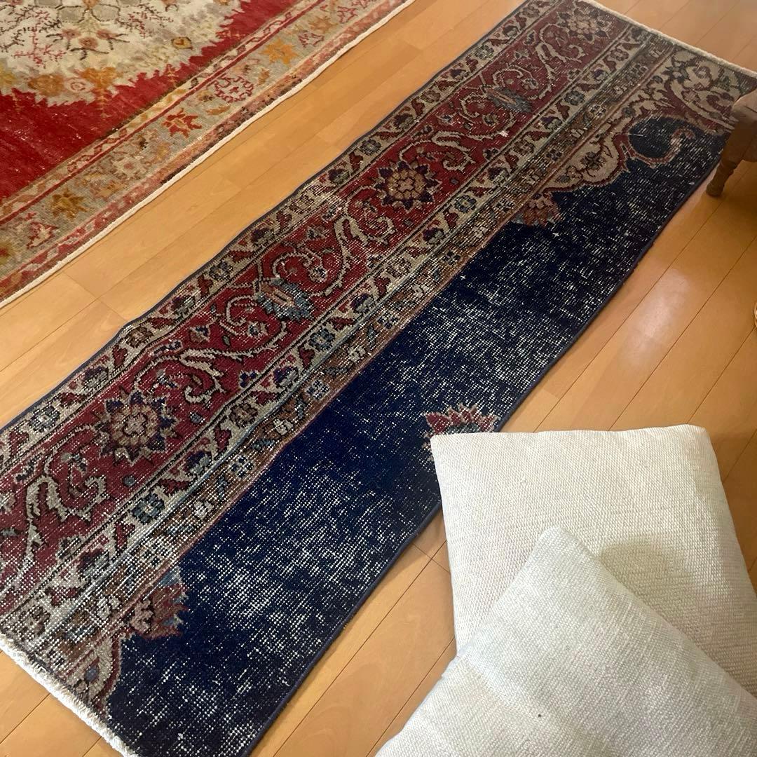 50×150 ロングランナーラグ　ネイビー×レッド　トルコヴィンテージラグ