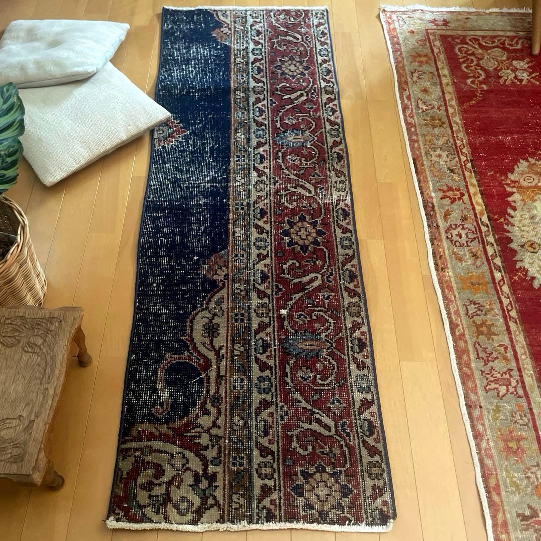 50×150 ロングランナーラグ　ネイビー×レッド　トルコヴィンテージラグ
