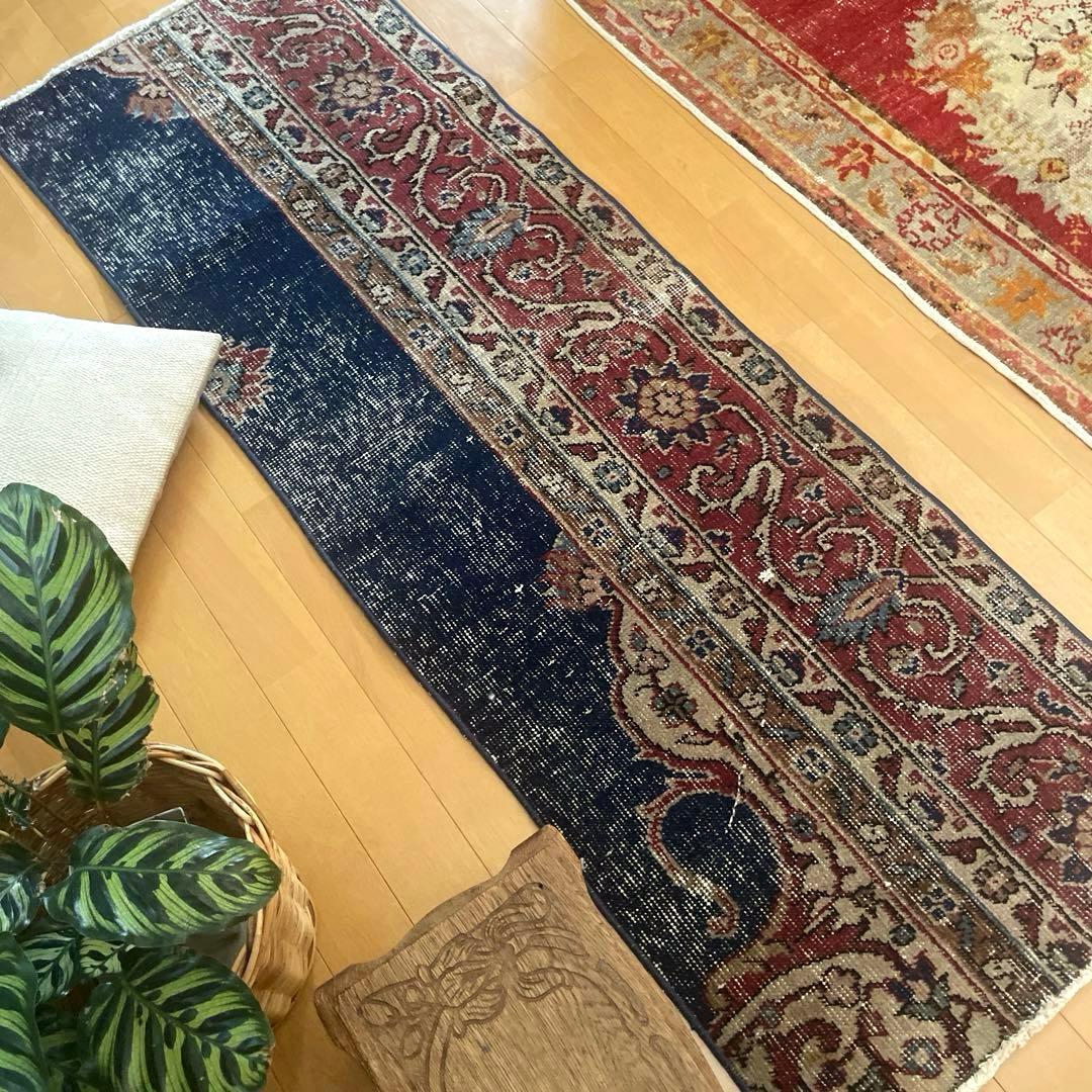 50×150 ロングランナーラグ　ネイビー×レッド　トルコヴィンテージラグ