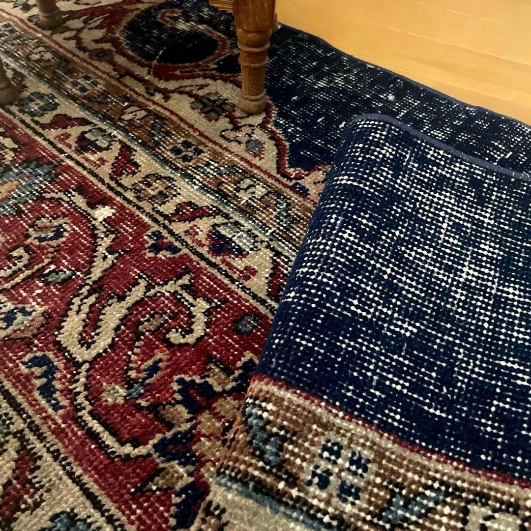 50×150 ロングランナーラグ　ネイビー×レッド　トルコヴィンテージラグ