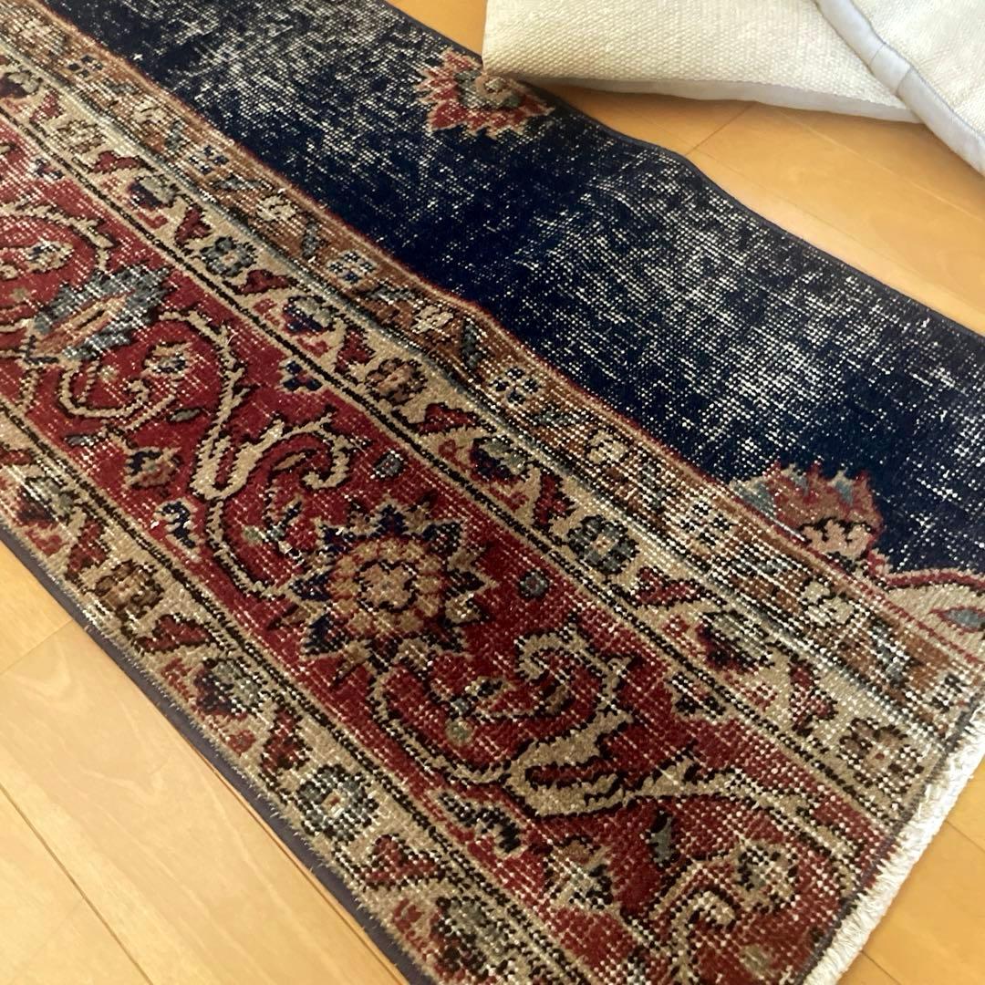 50×150 ロングランナーラグ　ネイビー×レッド　トルコヴィンテージラグ