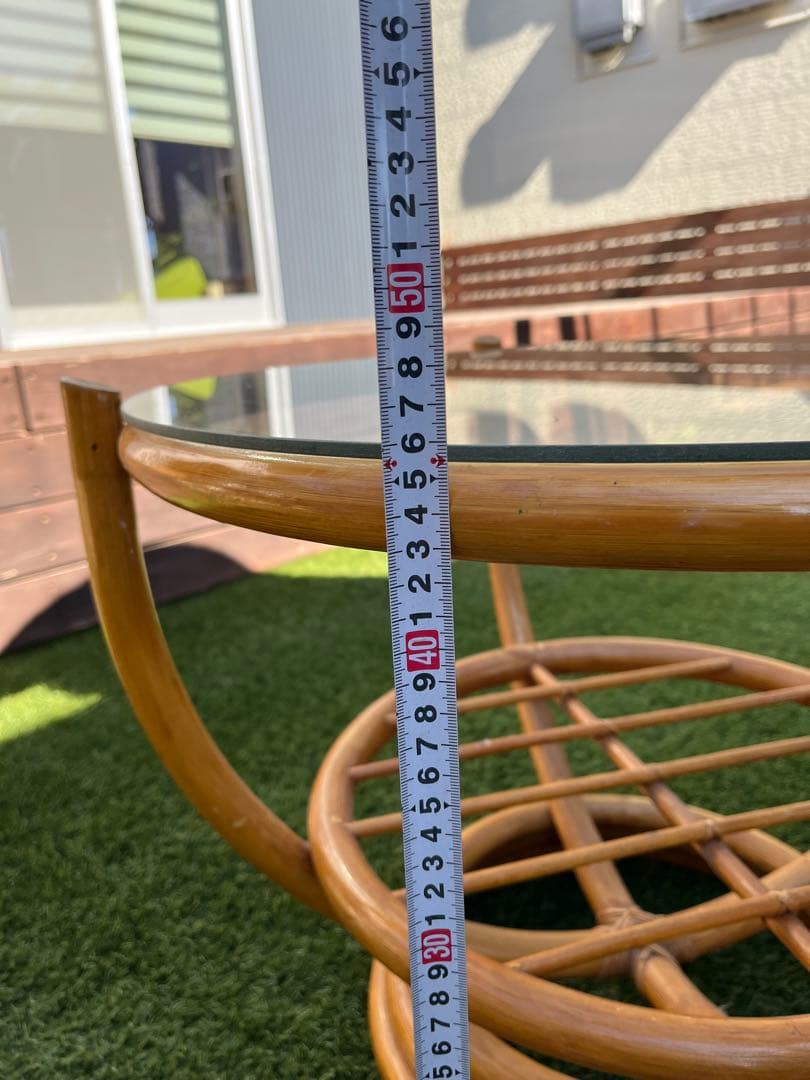 【昭和レトロ】藤 ラタン 丸テーブル　丸椅子セット