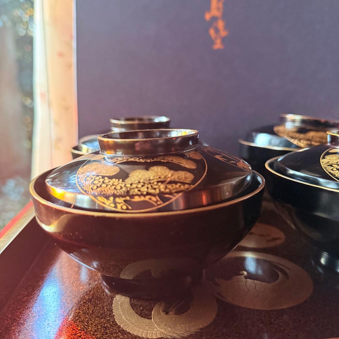 2115様感謝‼️ スーパームーン記念JAPAN輪島丸紋沈金松竹梅&鶴亀　黒椀4客