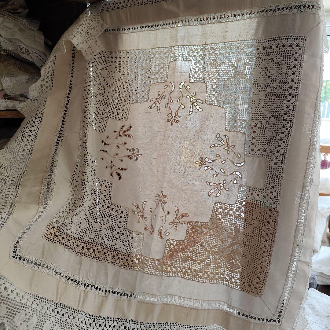 お手仕事　リネン　カットワーク　クロッシェ編みレース　　生成り　フリークロス