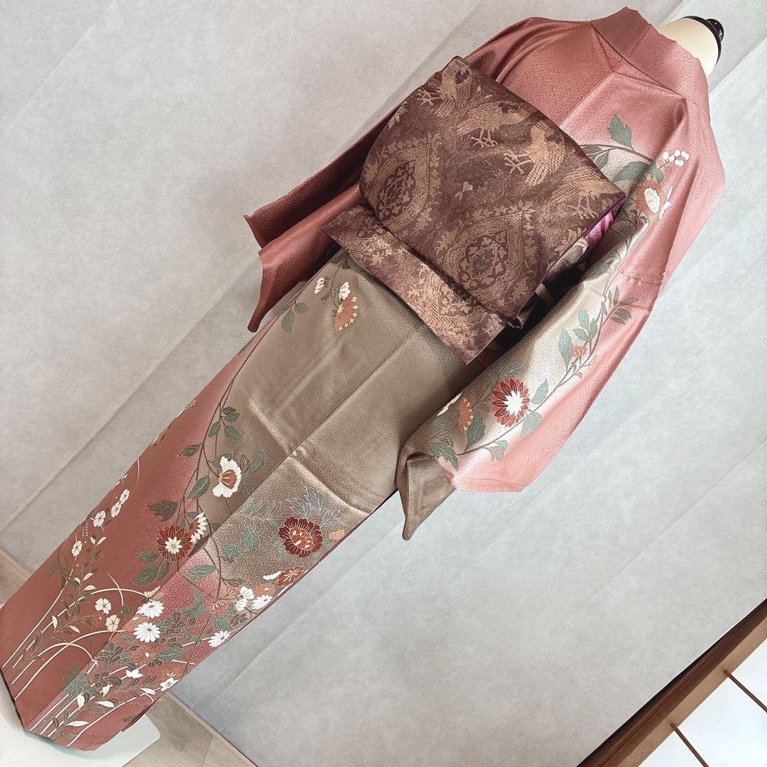 訪問着　フルセット　着物　トールサイズ　正絹　くすみ優花　綸子　J5