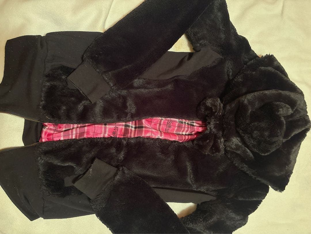 ♡レアMARSモコモコピンクチェックりぼん耳つきフード黒ファーコートパーカー姫