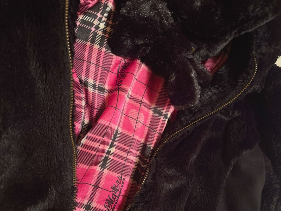 ♡レアMARSモコモコピンクチェックりぼん耳つきフード黒ファーコートパーカー姫