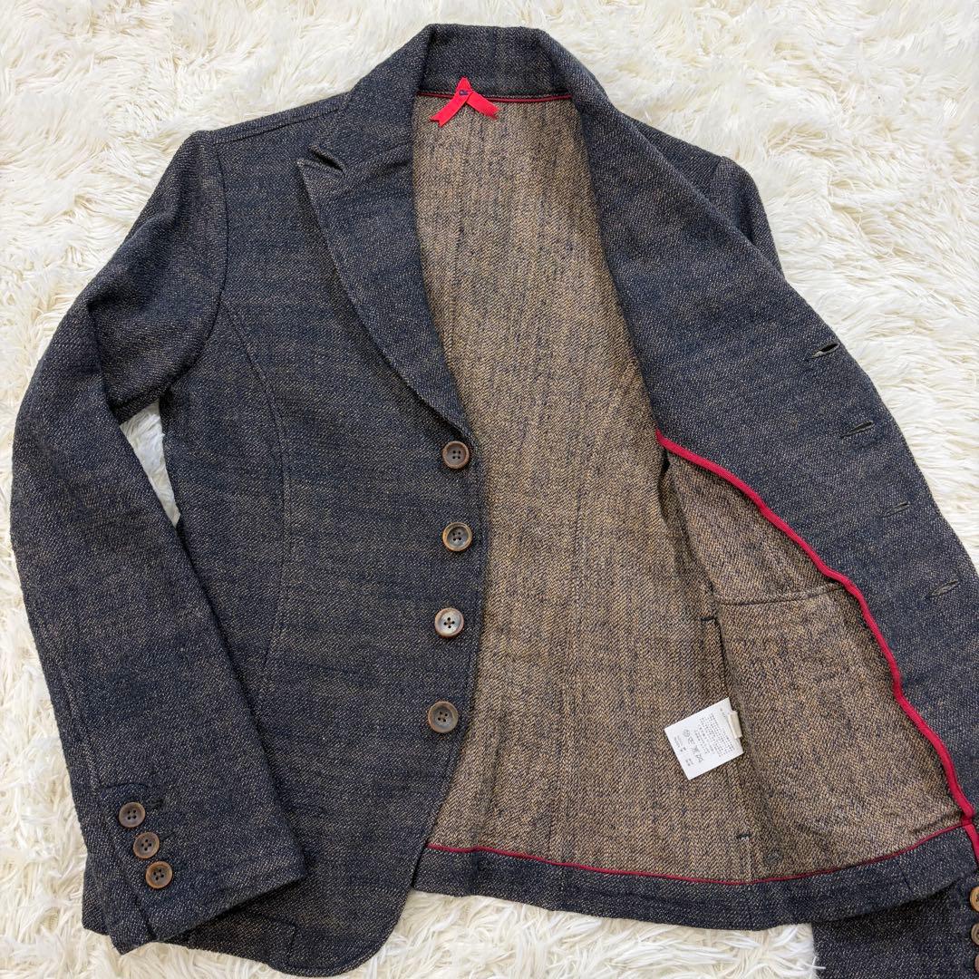 【美品】45R ツイード テーラードジャケット ウール ロゴリボン グレー系S