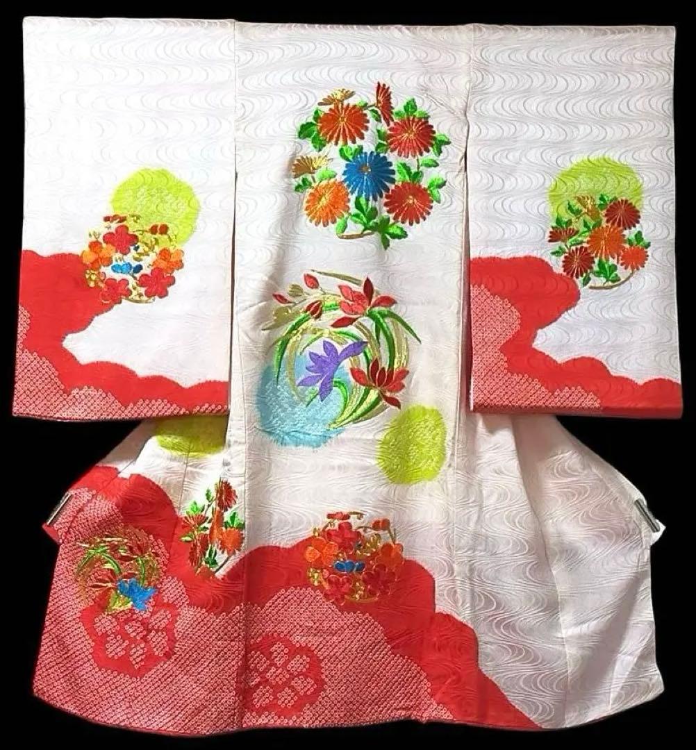 □ 正絹女児用　お宮参り　掛け着　初着　七五三　アンティーク　可愛い花柄刺繍