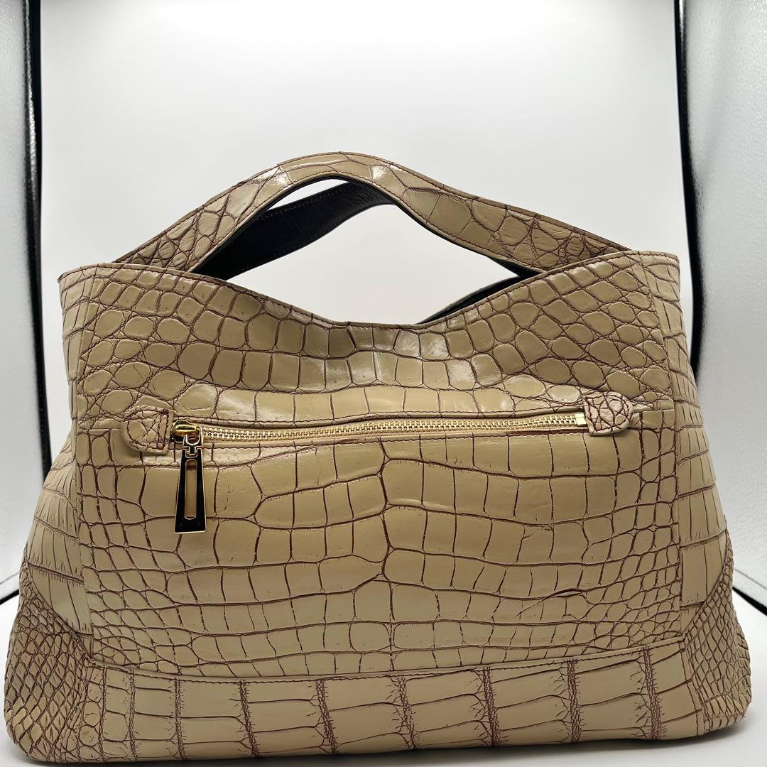 JRA認定 美品◎ クロコダイル ハンドバッグ 目地染め ベージュ 大容量