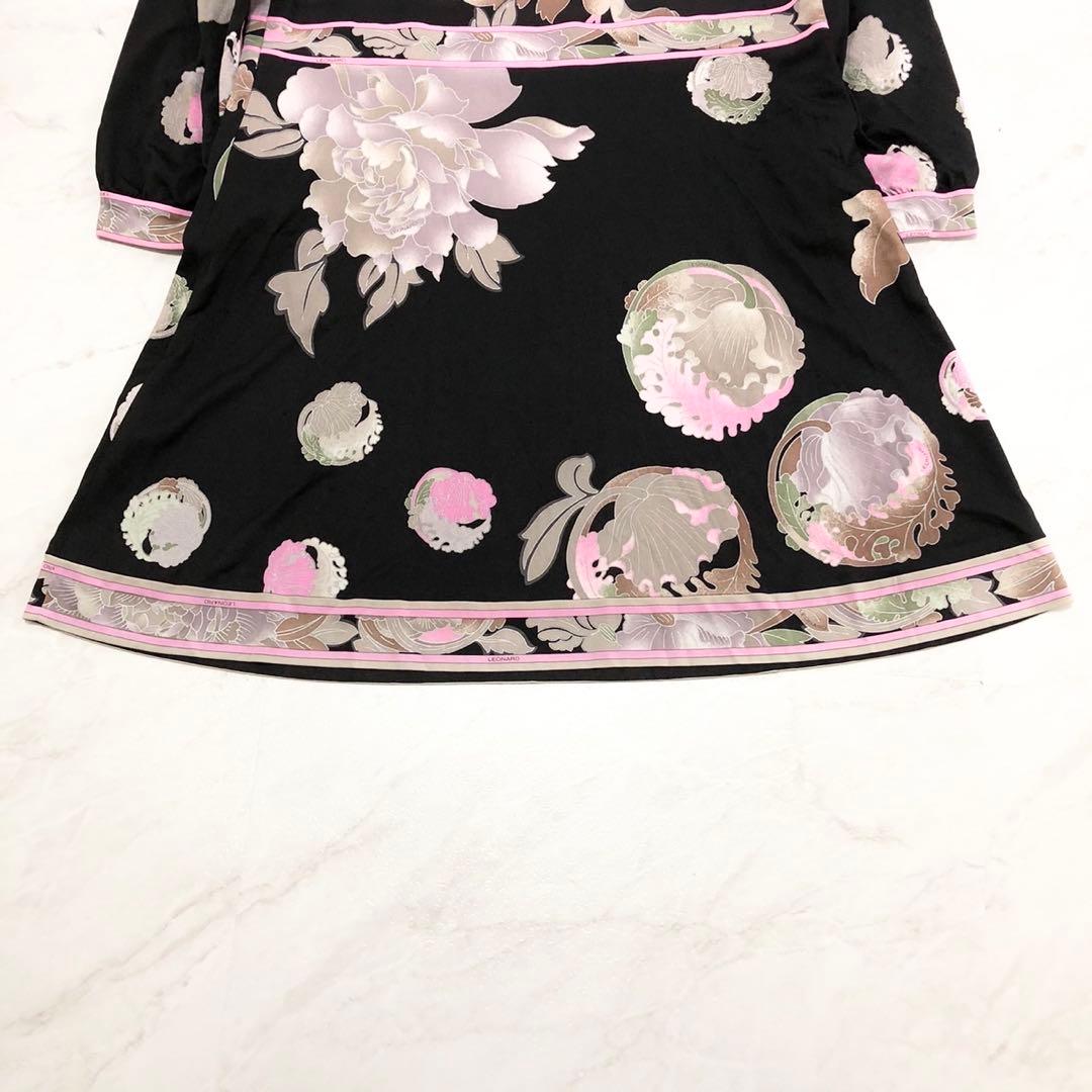 【未使用級✨️LEONARD】 カンカン素材 お花 L 黒 近年タグ チュニック