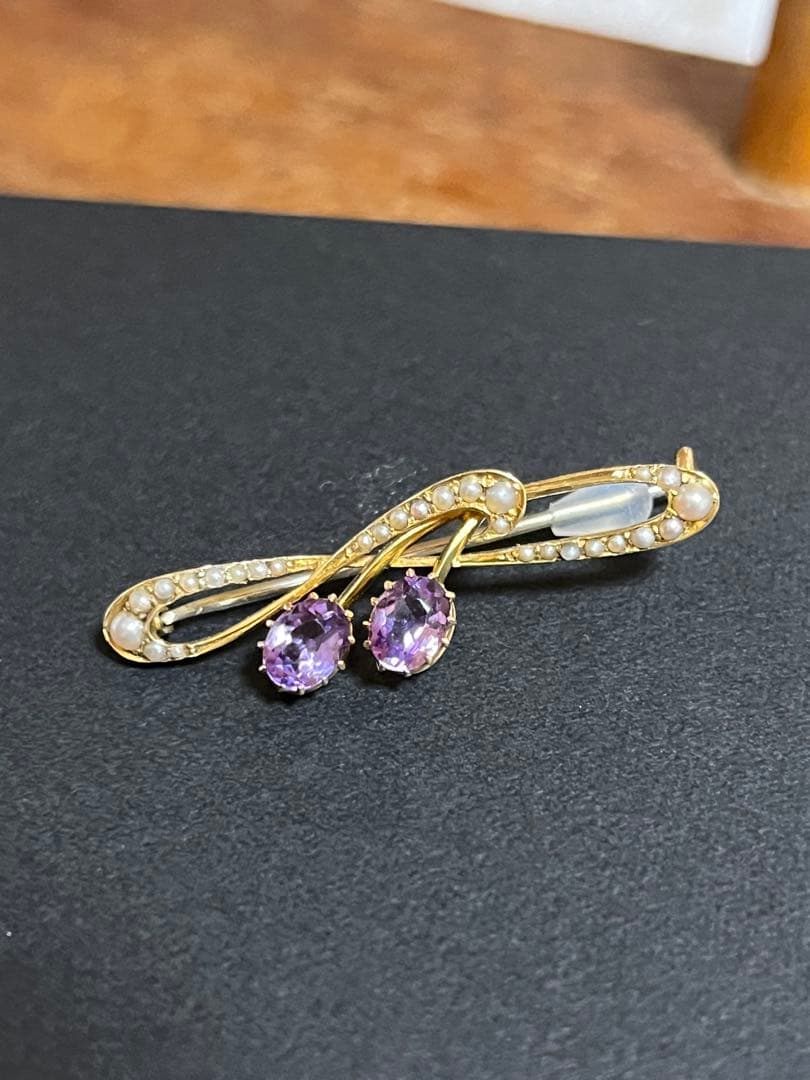 アンティーク　ブローチ　アメジスト　パール　15ct ゴールド