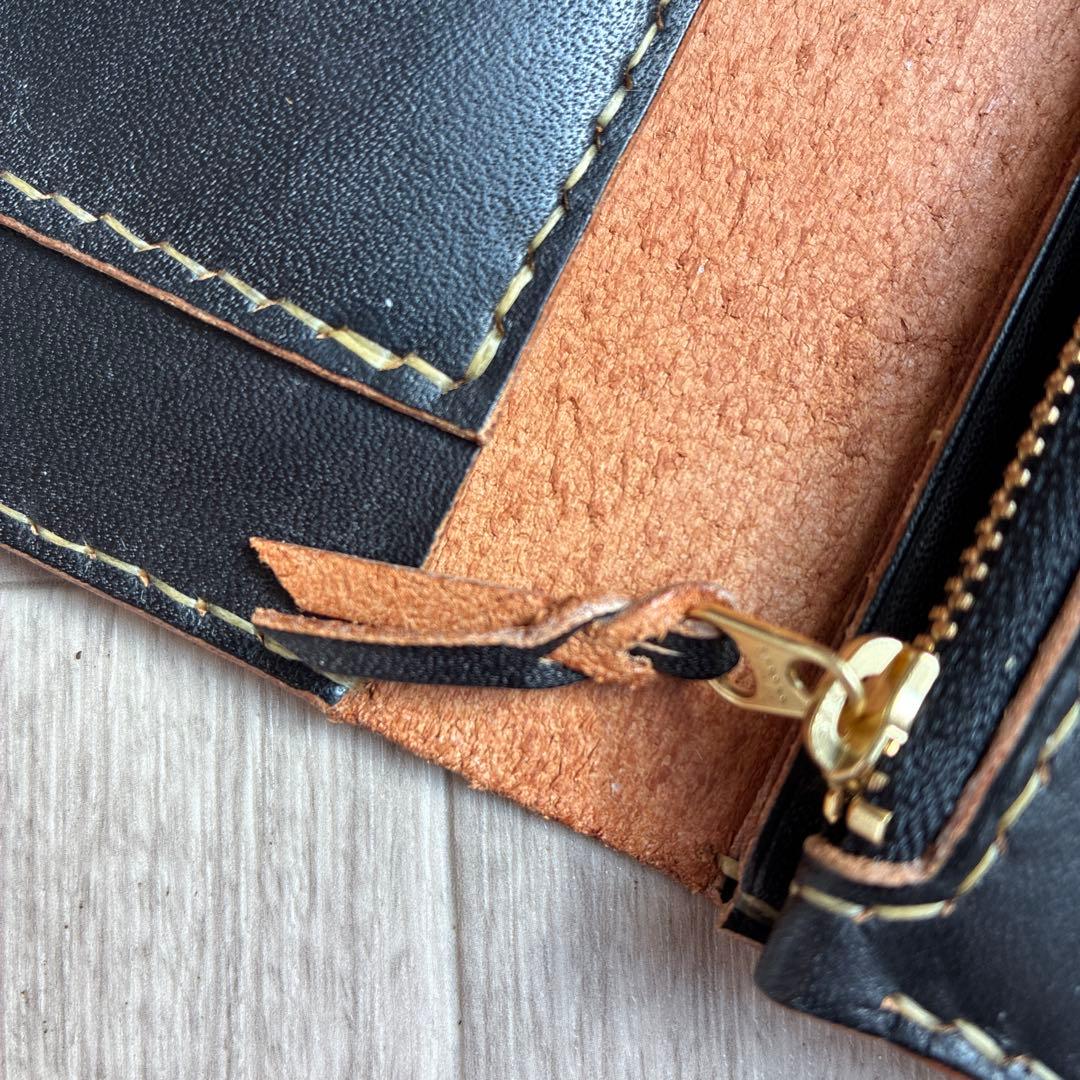 【茶芯ブラック】トラッカーウォレット　ロング　真鍮　三層