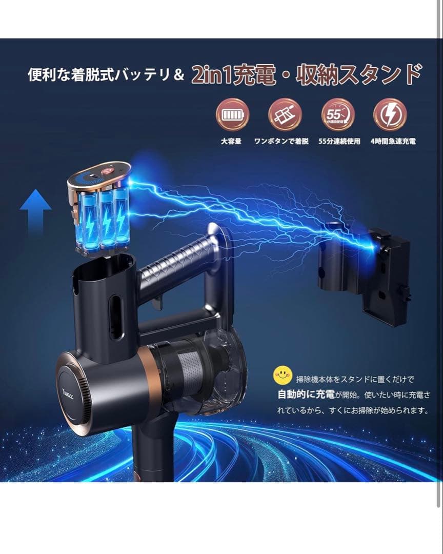 90Kpa超強力吸引❗️掃除機 コードレス 55分連続稼働 自立式 同クラス最軽量