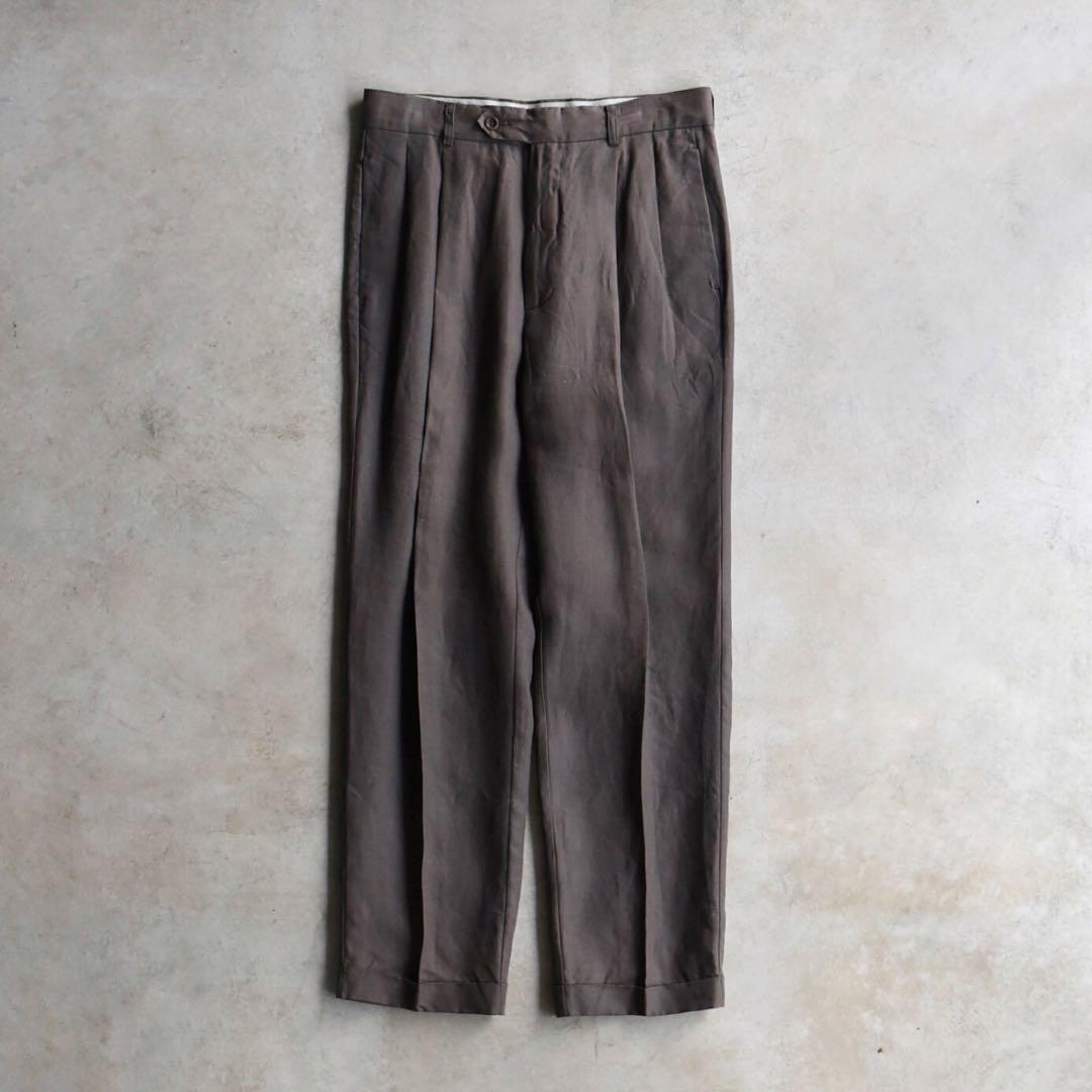 90s バナナリパブリック ツータック リネンスラックス ブラウンW32 L30