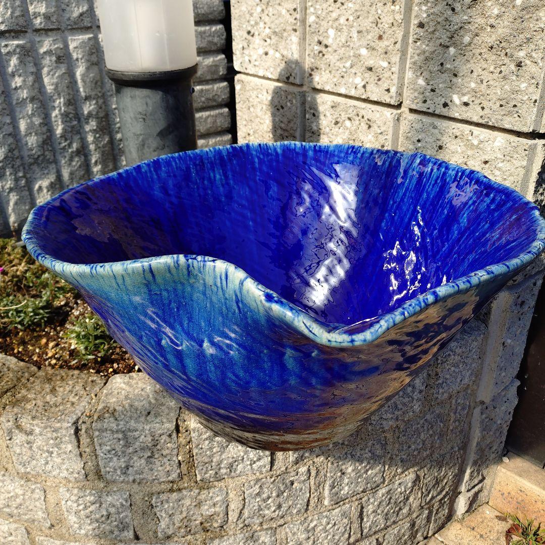 信楽焼　ブルーガラス　手作りメダカ鉢　49㌢水連鉢　ビオトープ　めだか鉢