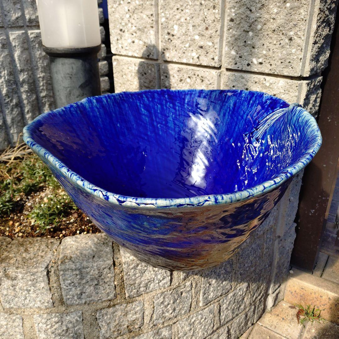 信楽焼　ブルーガラス　手作りメダカ鉢　49㌢水連鉢　ビオトープ　めだか鉢