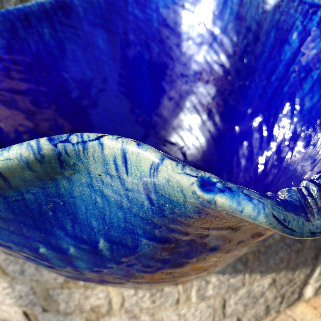 信楽焼　ブルーガラス　手作りメダカ鉢　49㌢水連鉢　ビオトープ　めだか鉢