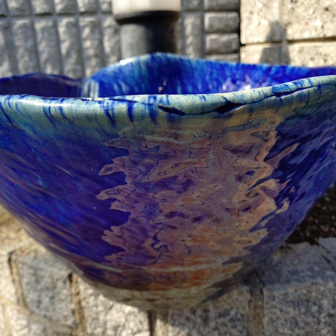 信楽焼　ブルーガラス　手作りメダカ鉢　49㌢水連鉢　ビオトープ　めだか鉢
