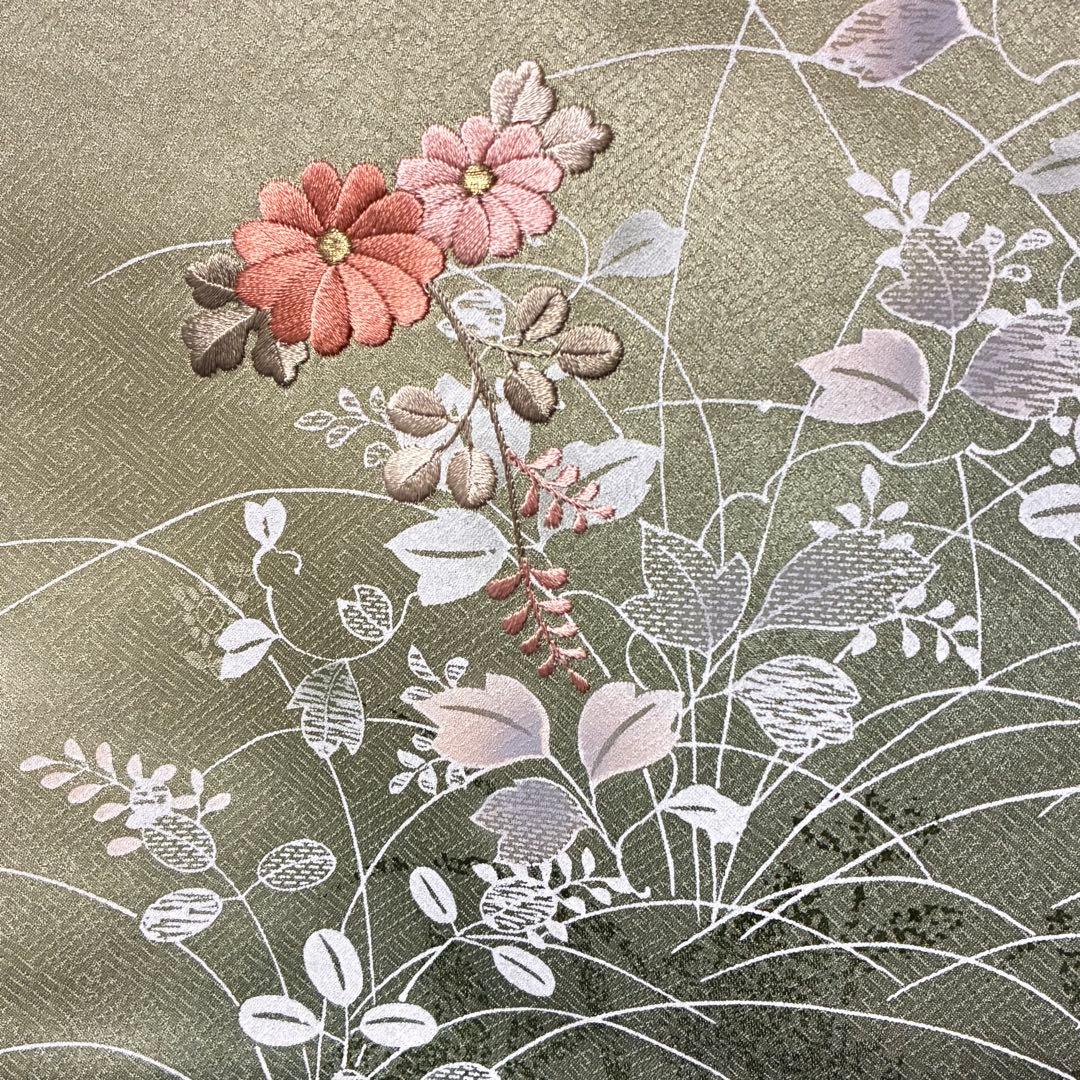 D102 訪問着 萩 花刺繍 正絹 着物 袷 しつけ糸付き未使用極美品