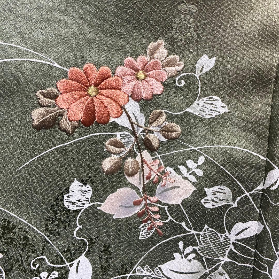 D102 訪問着 萩 花刺繍 正絹 着物 袷 しつけ糸付き未使用極美品