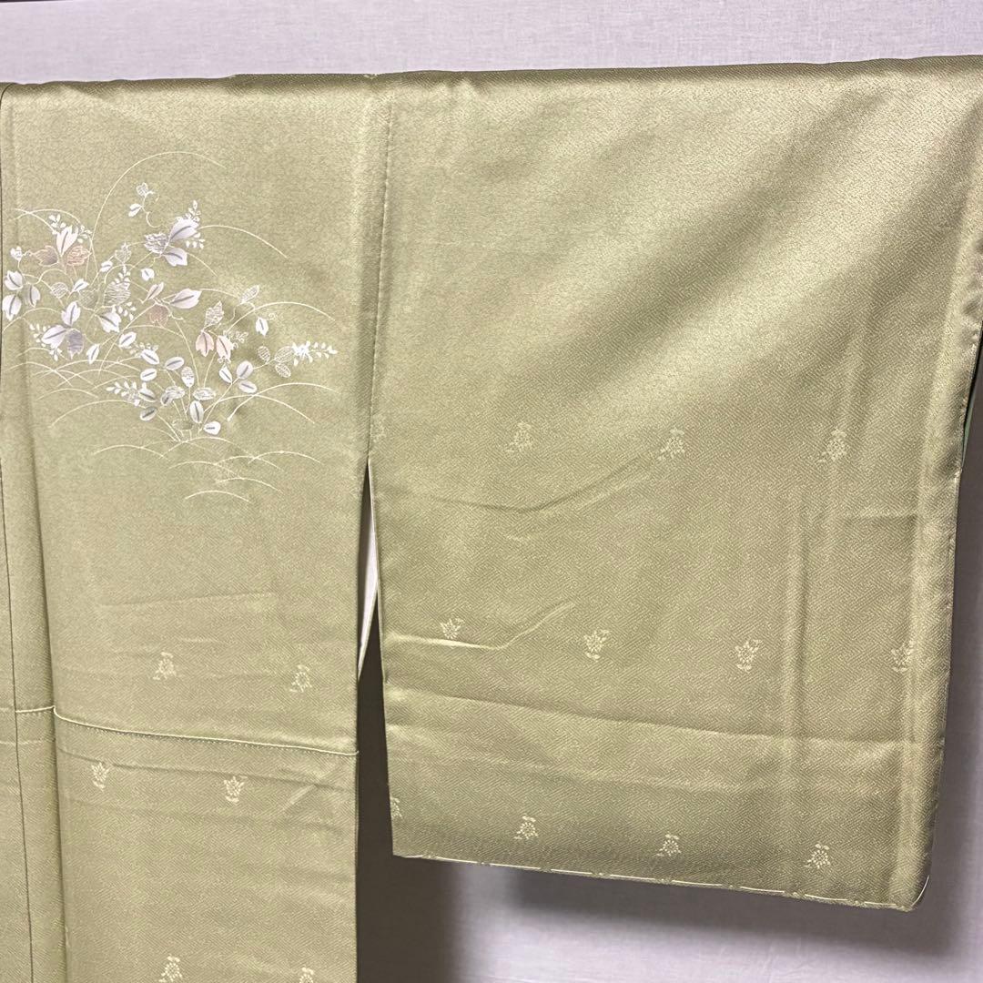D102 訪問着 萩 花刺繍 正絹 着物 袷 しつけ糸付き未使用極美品