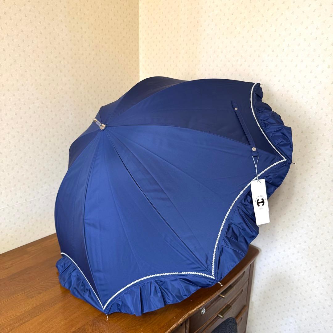 新品★HANWAY　高級日傘　晴雨兼用　オールウェザー　フリル　大きい　ネイビー