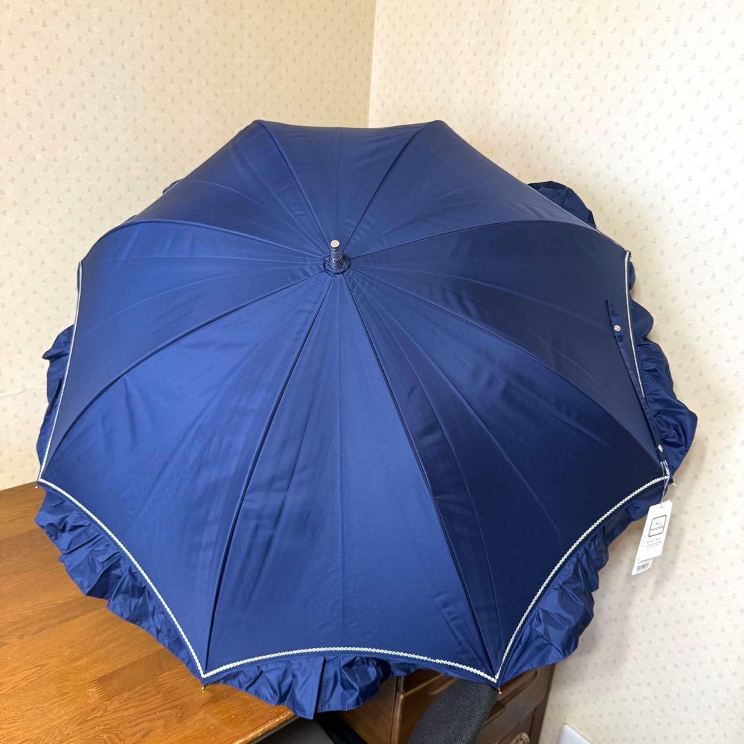 新品★HANWAY　高級日傘　晴雨兼用　オールウェザー　フリル　大きい　ネイビー