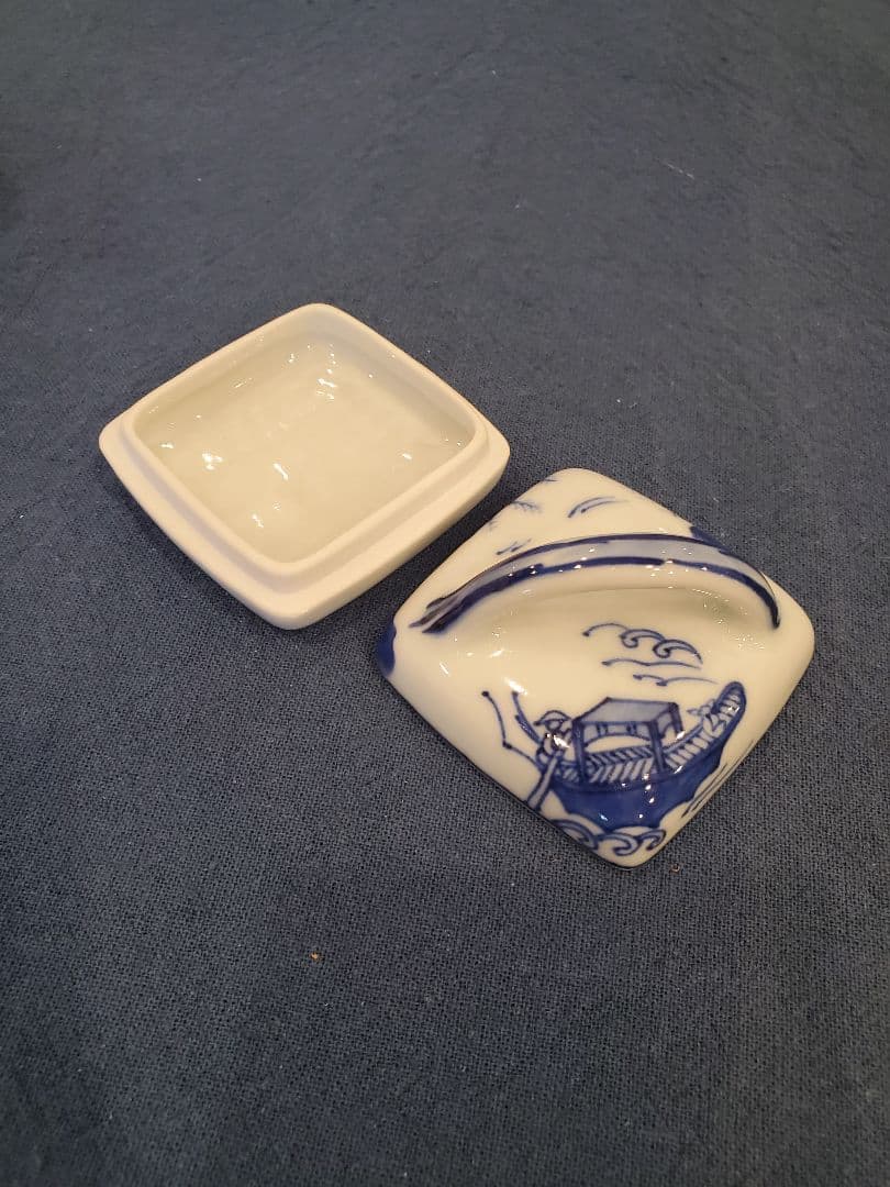 真葛香斎　染付　隅田川　香合　尋牛斎書付　共箱　桐箱