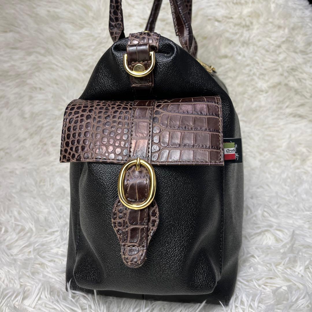 Orobianco ボストンバッグ 2way PVC クロコ型押し ブラック