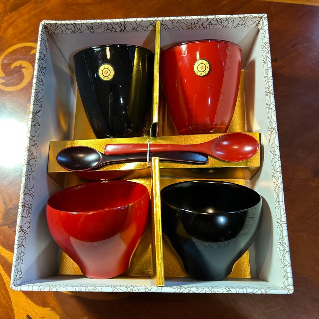 専用です！漆器 椀、茂徳作グラスセット 赤黒 4個 スプーン2本、未使用。