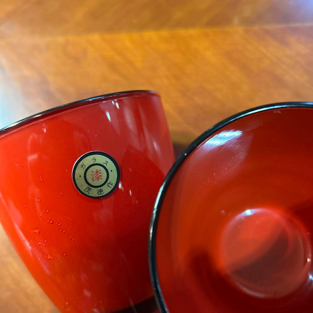 専用です！漆器 椀、茂徳作グラスセット 赤黒 4個 スプーン2本、未使用。