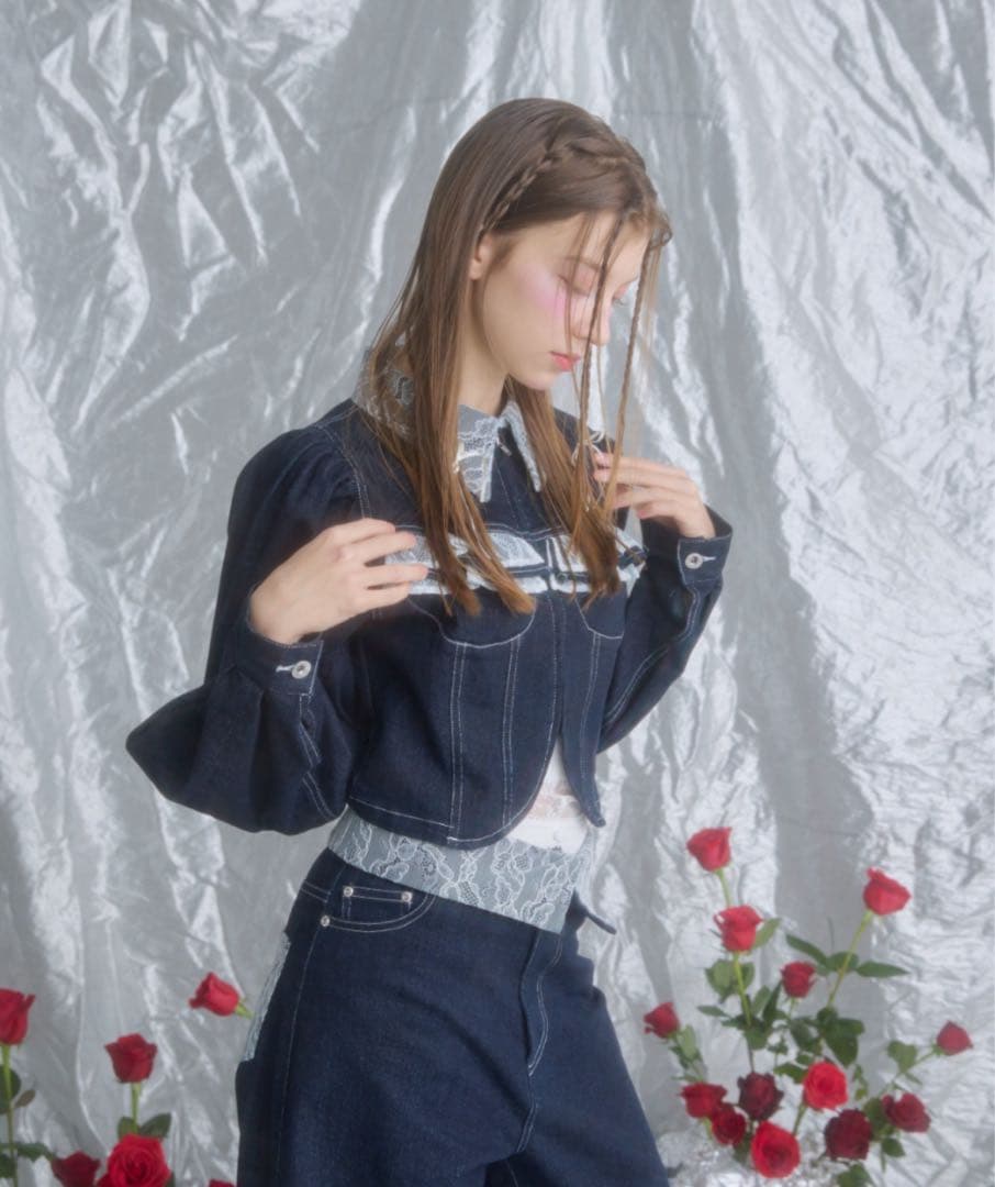 monepine レースドッキングデザインデニムジャケット