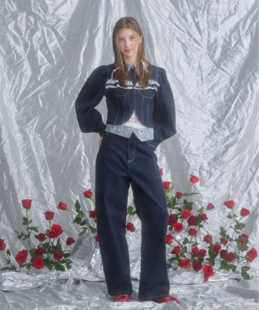 monepine レースドッキングデザインデニムジャケット