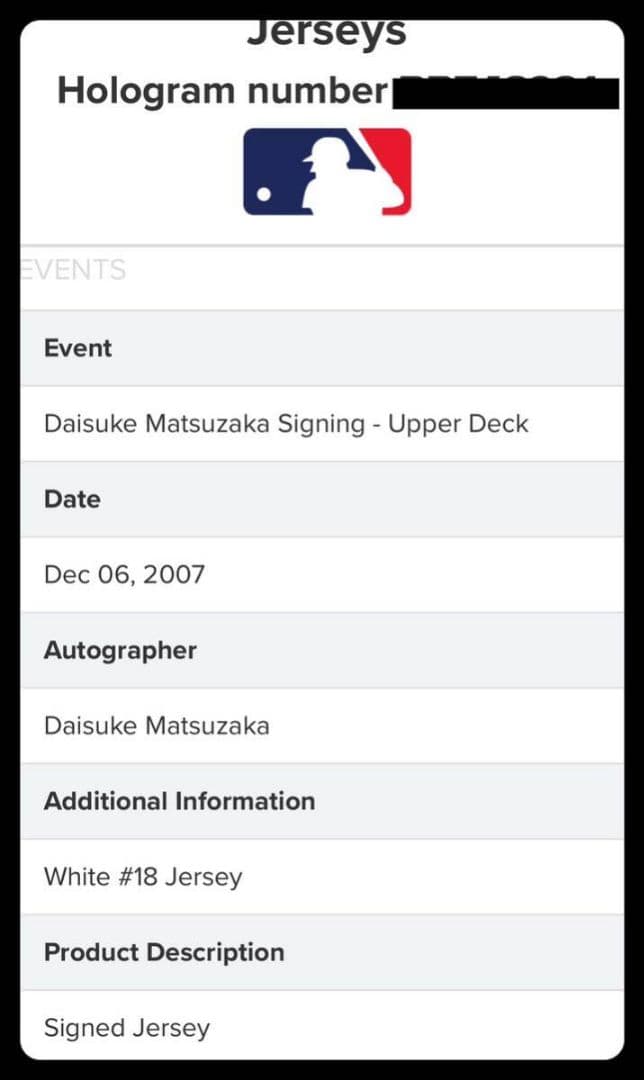 松坂大輔　直筆サイン入り　オーセンティックユニフォーム　レッドソックス　証明書