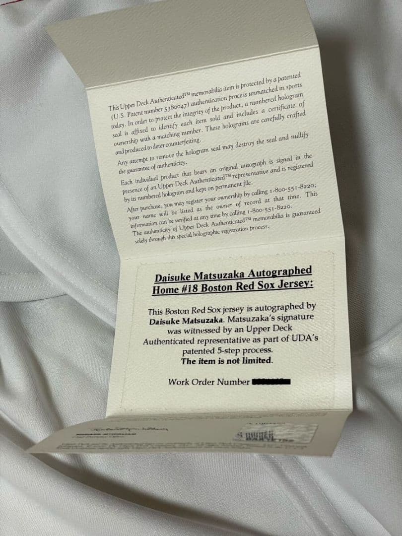 松坂大輔　直筆サイン入り　オーセンティックユニフォーム　レッドソックス　証明書