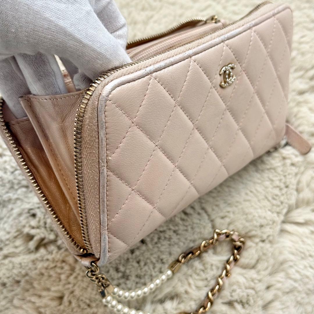 ゆずCHANEL キルティング レザー 長財布 パールピンクベージュ