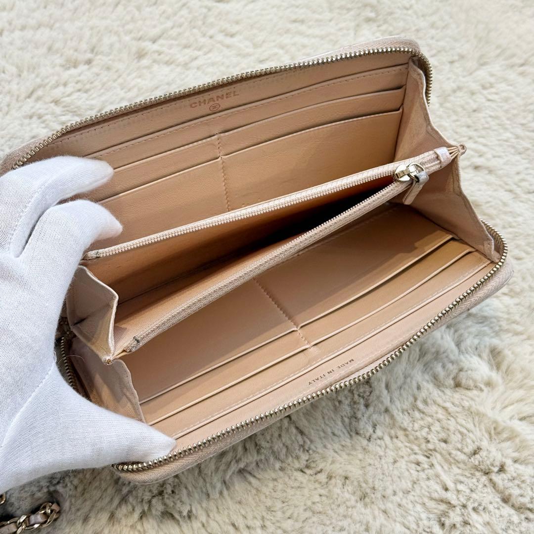 ゆずCHANEL キルティング レザー 長財布 パールピンクベージュ