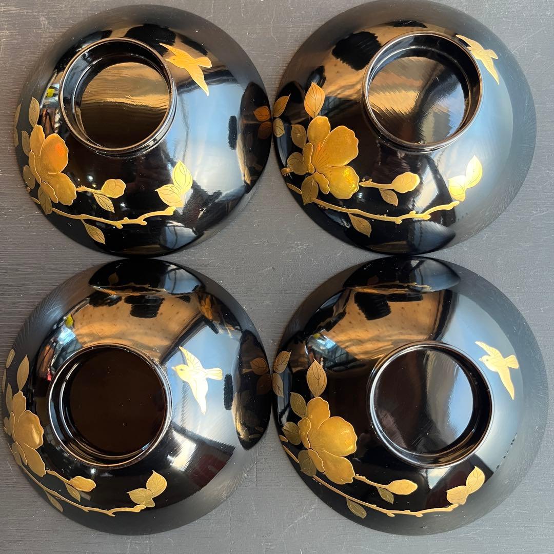 木製漆器 千鳥 金蒔絵 盛金 吸物椀 八客 黒塗 椿 時代