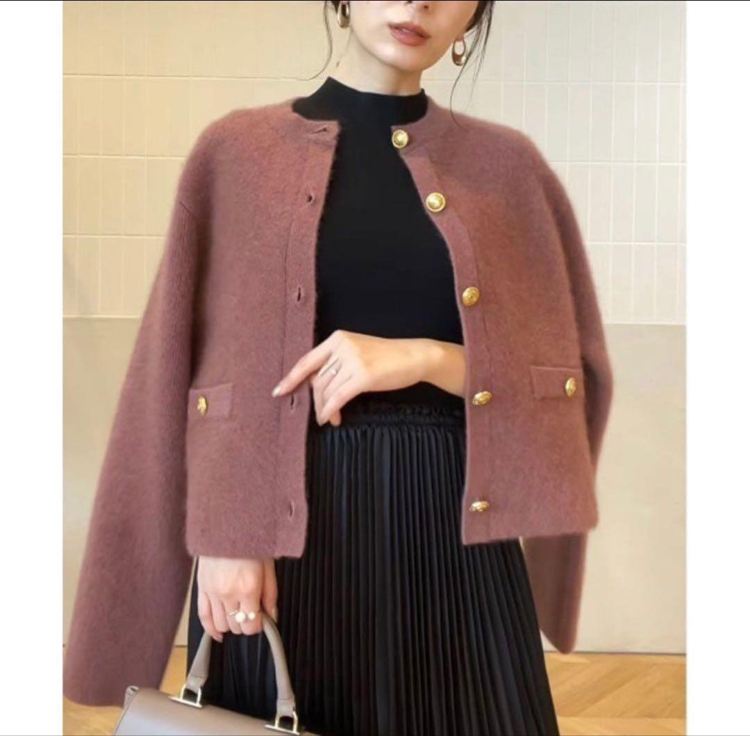 アニュアンス　ラクーンブレンドノーカラーニットジャケット　ピンク