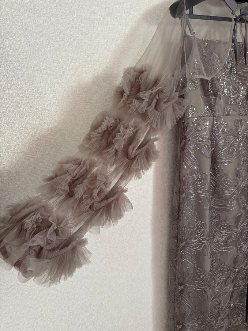 《LEJA 》フリルチュールスリーブリボンIラインワンピースドレス結婚式二次会