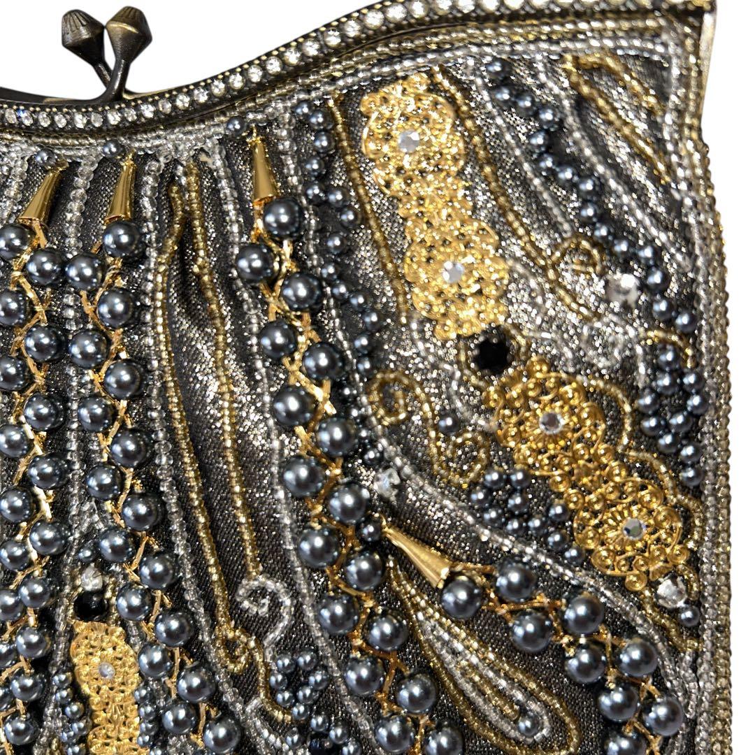 ビーズバッグ パーティバッグ がま口 チェーン ゴールド×ブラック 和装バッグ