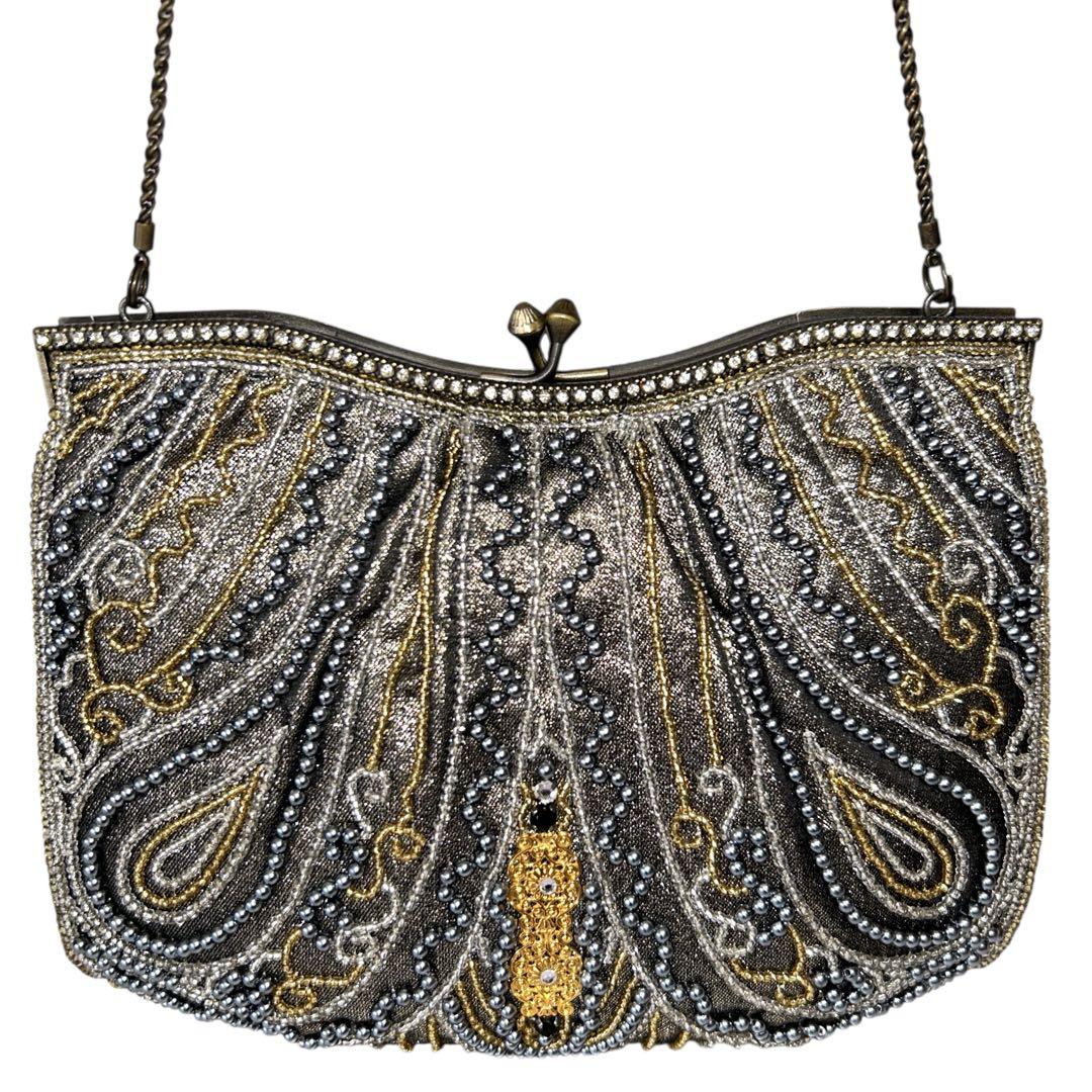 ビーズバッグ パーティバッグ がま口 チェーン ゴールド×ブラック 和装バッグ