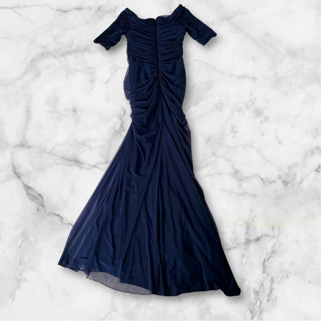 TADASHI SHOJI ドレス　メッシュ アシンメトリー ギャザー ネイビー